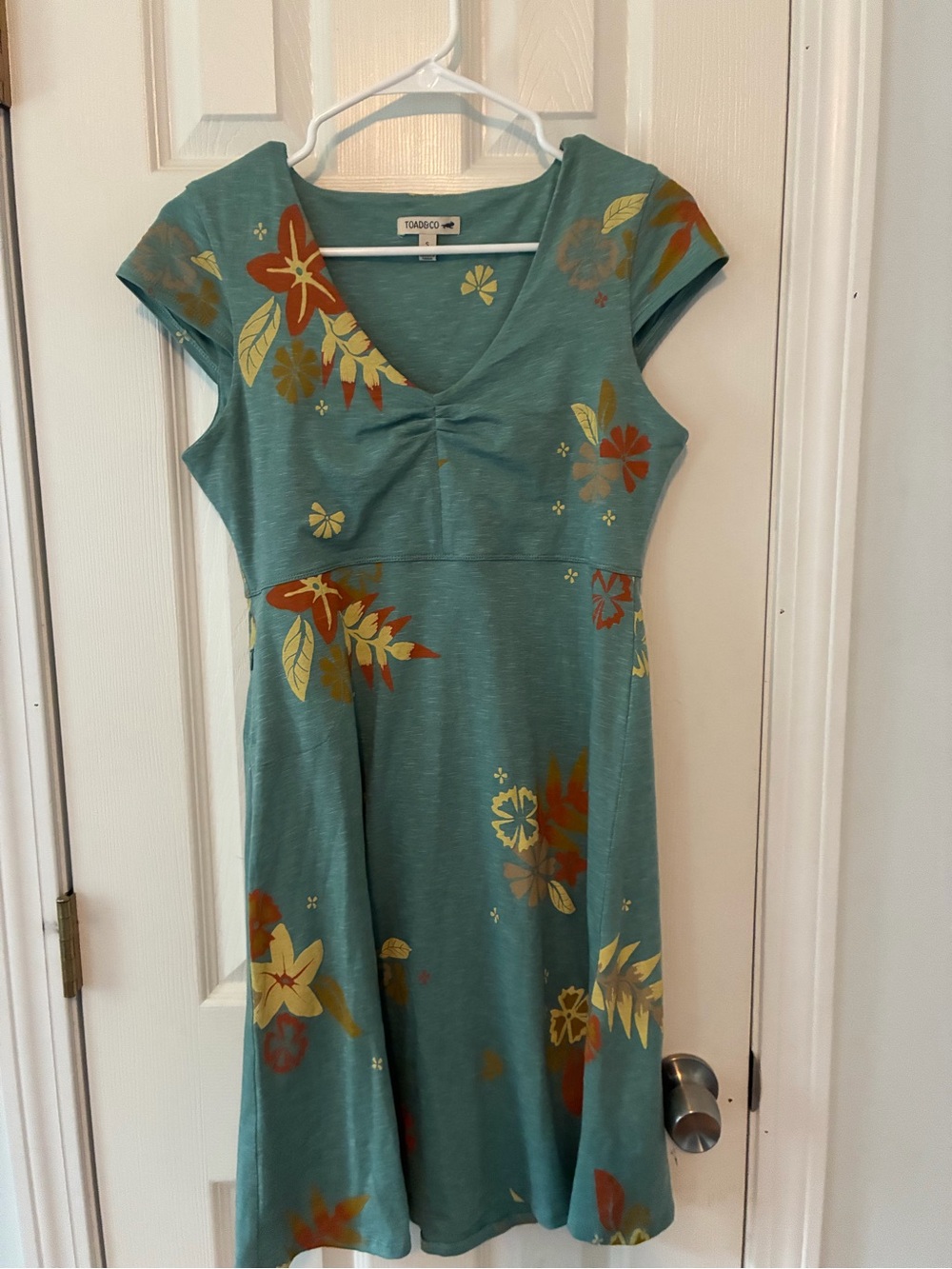 Toad&Co Teal Floral V-Neck Midi Dress with Yellow & Rust Accents